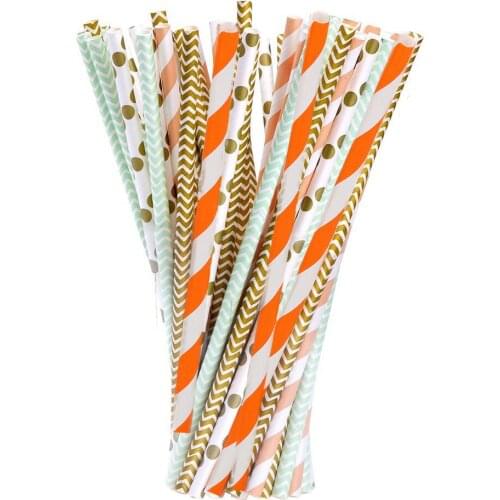 Disposable Paper Gold Orange Green Drinking Straws For Birthday Wedding Decorative Party Event Supplies