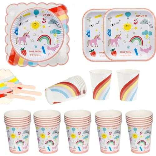 Unicorn Birthday Party Supplies Cartoon Cute Unicorn Rainbow Paper Plate Cup Disposable Tableware Dinner Set Kid Baby Showerww32