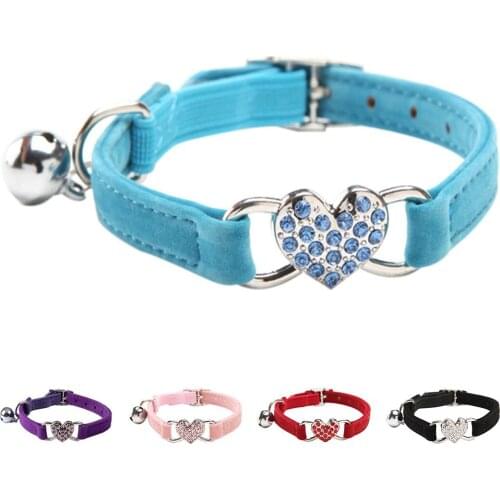 Heart charm and bell cat collar safety elastic adjustable with soft velvet material collar pet product small S red