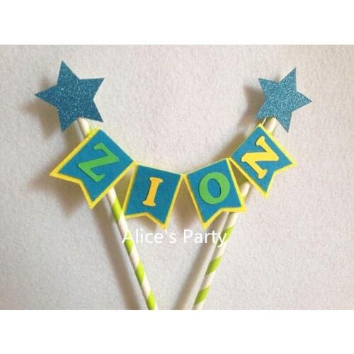 Personalized Kids Boy Name Smash Cake Topper Bunting Baby Shower Banner Flag Birthday Party Flag Hot Yellow Blue Twinkle Stars