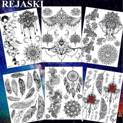 REJASKI Owl Chest Pendant Body Art Tattoos Temporary For Women Black Henna Tatoos Waterproof Dreamcatcher Flower Tattoo Stickers