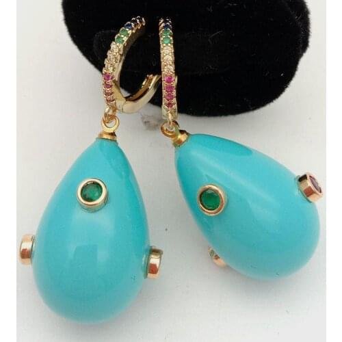 Teardrop Blue Sea Shell Pearl Mixed color Cubic Zirconia Pave gold color plated hoop Earrings cute style for women jewelry