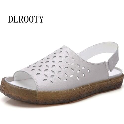 Women Sandals Hollow Flats Summer Fashion Platform Shoes Woman Genuine Leather Slides Peep Toe Elastic Band Solid Lady Casual