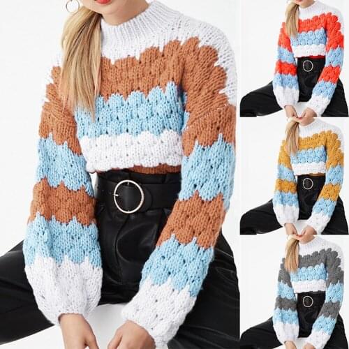 Women Casual Pullovers and Sweaters Puff Sleeve Turtleneck Patchwork Knitted Sweater Jumper Femme Tops