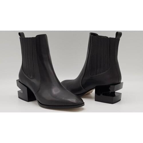 High Heel Leather Black Boots For Women Special Design Heels Ankle Square Zip