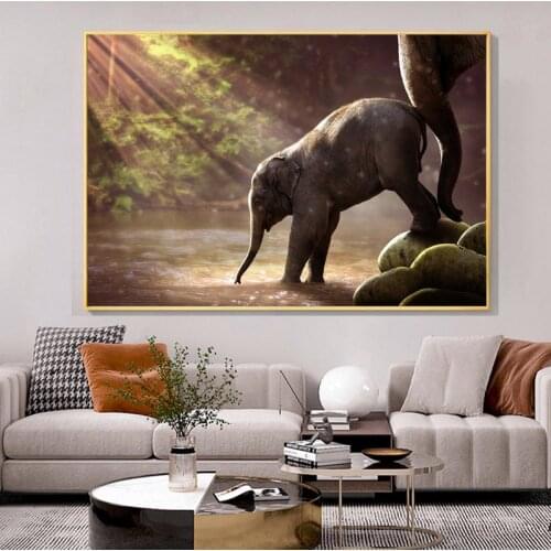 Canvas Painting Animal Elephant Wall Art Forest River Landscape Poster Print Wall Picture for Living Room Home Interior Decor