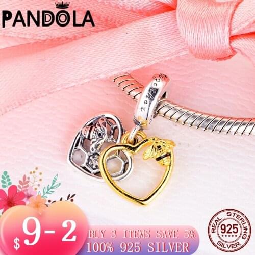 2021 new Genuine 925 Sterling Silver Hearts & Bees Dangle Charms Beads Fit Original Pandora Bracelet Necklace S925 Jewelry Gift