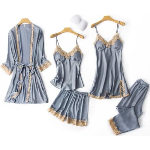 5PCS Kimono Robe Set With chest pad Sexy Womens Pajamas Nighties Home Wear Negligee Lingerie Pijama Nighty Robe Suit Sleepwear
