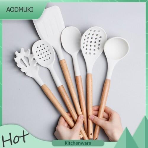 White Silicone Kitchenware Set Wooden Handle with Storage Bucket Cooking Tools Cookware for Non-Stick Pan Kitchen Accessories