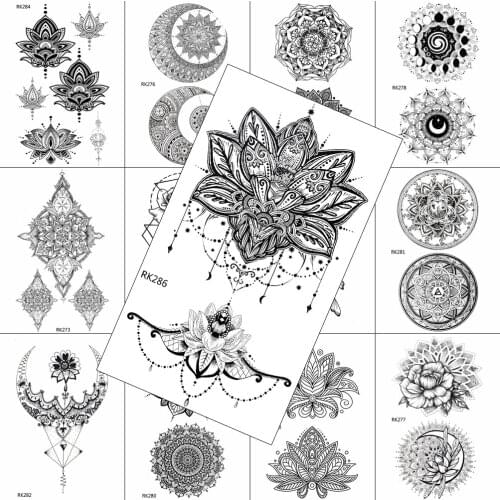 Chains Fake Jewelry Black Henna Flower Temporary Tattoo Sticker Waterproof Sheet Tattoo For Women Body Art Arm Chest Hands Tatoo