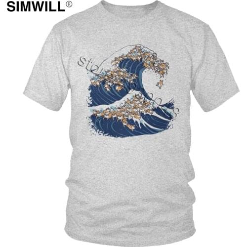 Stylish Shiba Inu T Shirt Men Japan Dog Print Cotton T-shirt Short Sleeve The Great Wave of Kanagawa Tshirt Streetwear Tee Gift