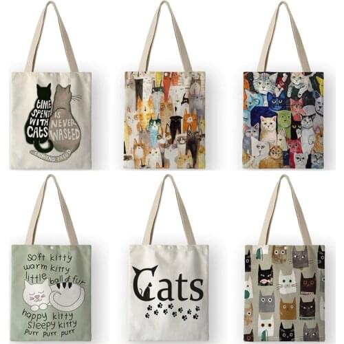 Cartoon Anime Cat Print Tote Bag Canvas Cute Meow Reusable Shoulder Shopping Bags Women Lady Handbags with pocket AKB01038