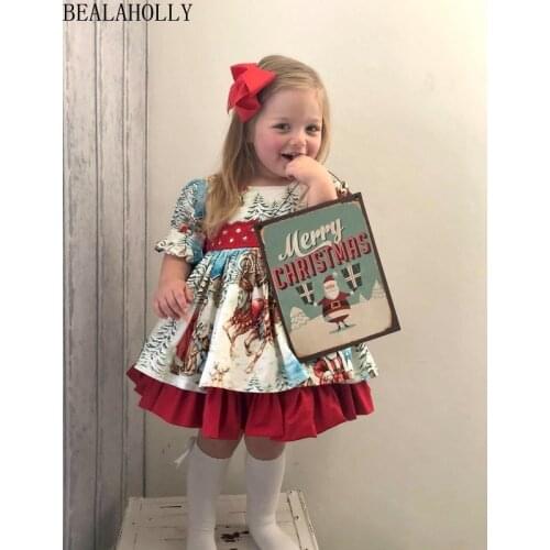 Ins Hot Sale European and American Children Santa Claus Print Bow Girl Dresses Carton Christmas Dress Girl Princess Dress