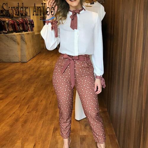 Fashion Two Piece Set Women Long Sleeve Tied Blouse Top And Polkadot Print Woman Pants Chic 2 Piece Sets Fall Clothes For Women