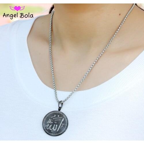 Muslim Islamic Fashion New Luxury Jewelry 100% Colorless Stainless Steel Round Scripture Coin Women Charm Pendant Allah Necklace