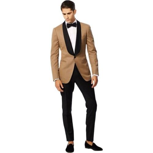 ANNIEBRITNEY Khaki 2 Piece Men Suit With Blakc Shawl Lapel Slim Fit Groom Wedding Tuxedo Tailor Made 2020 Prom Wedding Men Suit