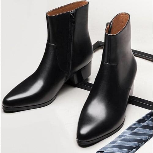 Autumn Winter Mens Genuine Leather Business Dress Ankle Boots Trendy High Heels Chelsea Wedding Boots Warm Snow Boots Size 36-44