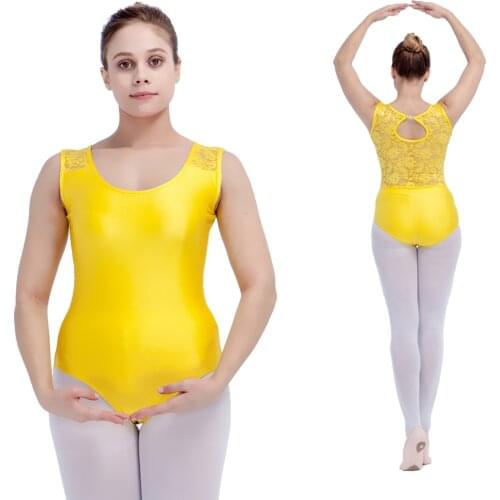 Retail Wholesale Yellow Shiny Lycra Lace Tank Dance Leotard Red Girls Dancewear Ladies Bodysuit Performance