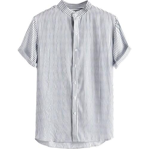 Casual Cotton Linen Shirts Mens Summer Striped Print Short Sleeve Stand Collar White Plain Shirts Loose Plus Size Tops