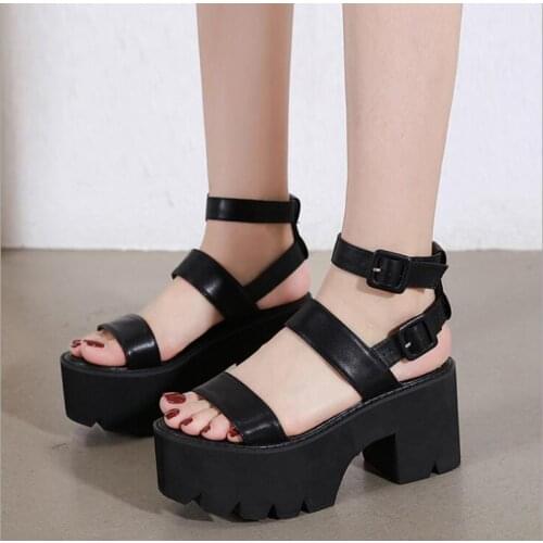 Classic New Summer Women Platform Sandals Thick Bottom Ankle Strap Sandals High Heels Open Toe Black Block-heel sandals Shoes