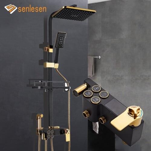 Senlesen Black Gold Shower Faucet Copper Bath Bathroom Shower Faucet Shower Set Mixer Adjust Height Hot and Cold Water