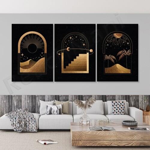 Mysterious golden wall art, a set of 3 posters, room decoration, celestial art prints, golden bohemian posters, golden landscape