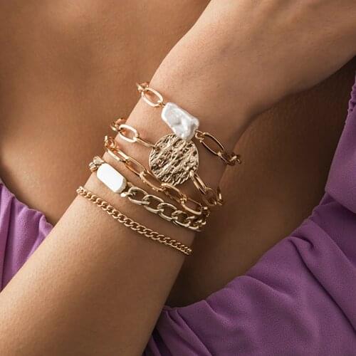 Bohemian Imitation Pearl Link Chain Bracelets Bangles Irregular Round Sequins Wrist Chain Charm Bracelets On Hand Jewelry Gift