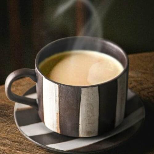 Japanese-style handmade stoneware coffee cup and saucer set retro striped big mug simple afternoon tea cup drinking cup LB031104
