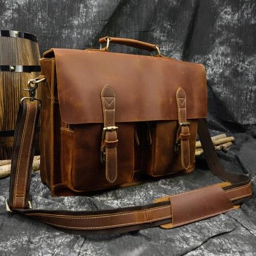 Vintage Crazy Horse Leather Men Briefcase Genuine Leather Man Male Shoulder Messenger Portfolio Bag Business Laptop Handbag Case