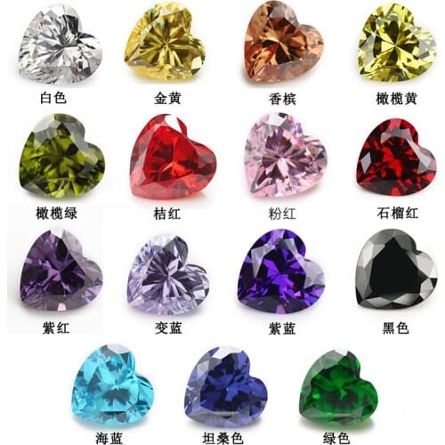 1PCS Per Color Total 15pcs Size 4x4mm - 10x10mm Heart Shape Various Colors Loose Cubic Zirconia Stone CZ Gem DIY Jewelry Beads