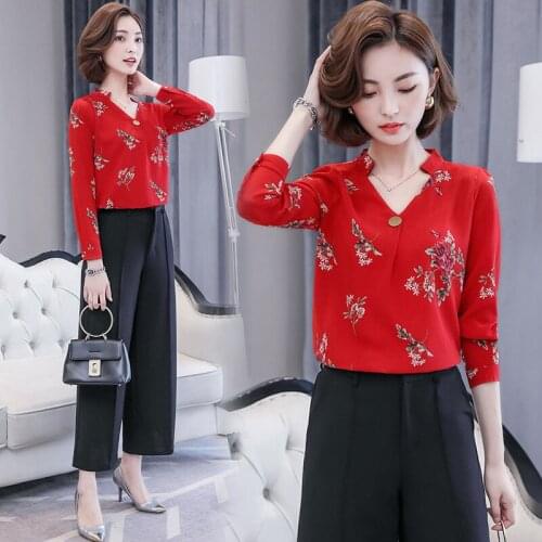 Spring Printed Chiffon Shirt Womens Long Sleeve Large Size V Collar Office Ladies Work Tops Female Fashion Casual Blouses H9052