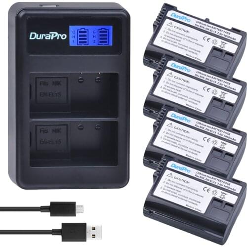DuraPro 4Pcs EN-EL15 EN EL15 ENEL15 Battery + LCD USB Charger For Nikon D7000 D7100 D800 D800E D600 D610 D810 D7200 V1 Camera