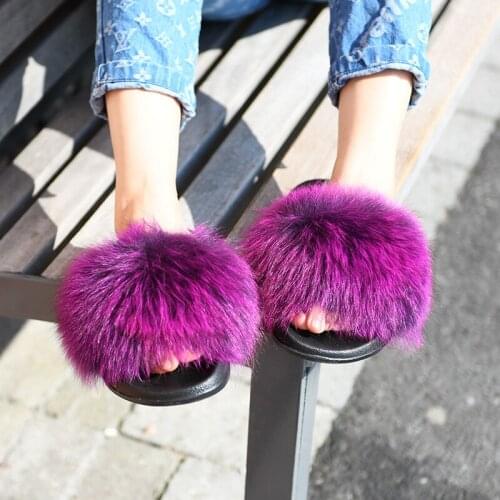 Free Shipping CX-A-70R Womens Furry Slippers Ladies Cute Plush Fox Hair Fluffy Slippers Womens Fur Slippers