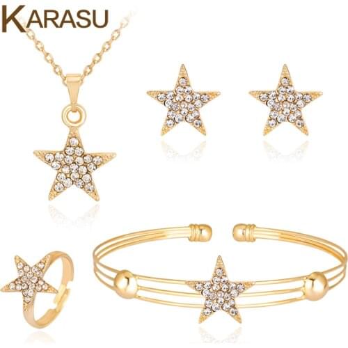 Shiny Rhinestones Star Pendant Women Girls Necklace Earrings Ring Bracelet Fashion Jewelry Set Wedding Accessories