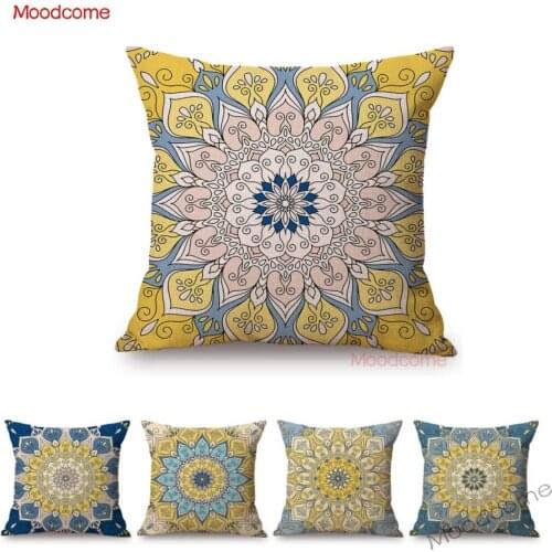 Yellow Blue Geometric Floral Flower Pattern Tile Art Sofa Car Pillow Case Royal Court Cotton Linen Bohemian Style Cushion Cover