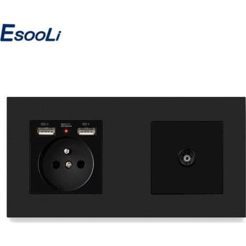 Esooli PC Plastic Panel French Standard Electric Socket with 2 USB + Female TV Jack Television Connector 172*86mm