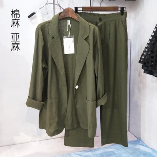 Summer Thin Style Chic Women Blazer & Pants Large Size Cotton and Linen Female Casual Nine-point Pants Wide-leg Linen Suit K376