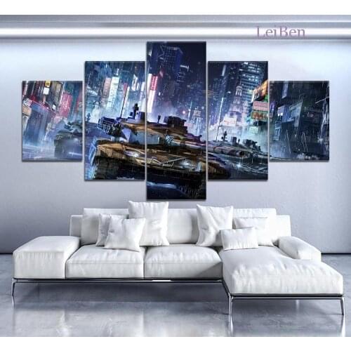 Hd 5 Piece Set Tank Wall Art Poster Combination Painting Modern City Night Scene Canvas Painting Living Room Decoration Mural