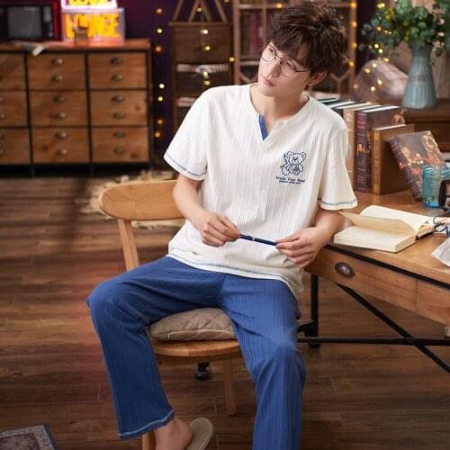 Summer Cotton Short Sleeved Mens Pajamas Sets Cartoon Male Pajamas Causal White Pajamas Men Casual Homewear Big Size Sleepwear