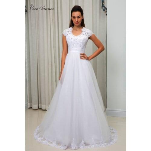 Short Sleeve V Neck A line Tulle Wedding Dress Beading Lace Appliques White Custom Made Bridal Wedding Gowns China W0028