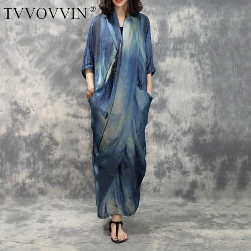 TVVOVVIN 2020 New Cross V Collar Irregular Blue Print Pocket Females Half Sleeve Loose Big Size Long Dress Vestido L125