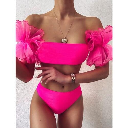 Off Shoulder Lace Bubble Sleeve Bikini Women Swimsuit Bandeau Push Up Bikini Set Solid Swimwear Female Bathing Suits Beach Wear
