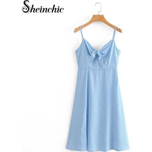 Sexy V-neck Spaghetti Strap Mini Dresses for Women 2021 Elegant Bow Blue Polka Dot Woman Dress Casual Vestido De Mujer