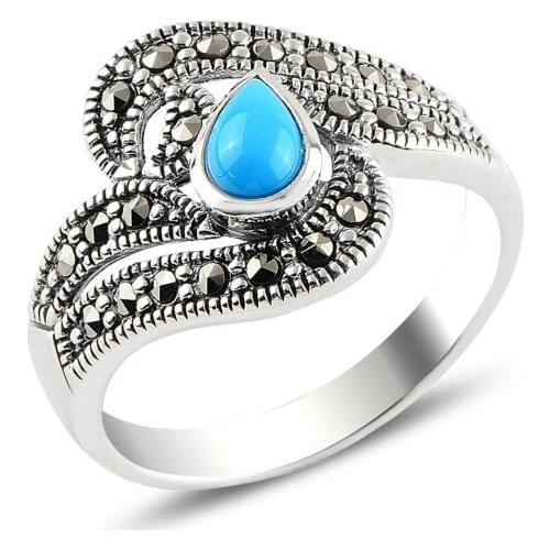 Silver 925 Sterling Turquoise & Marcasite Ring