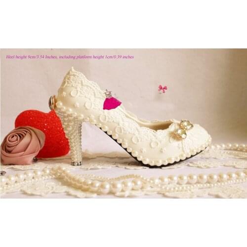 Handmade Lace wedding shoe Pearl sparkling diamond White wedding shoes pearl shoes formal 9 cm High heel dress shoe