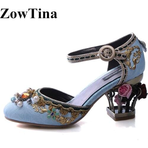 Lolita Fashion Women Blue Velvets Pumps Round Toe High Heels Formal Dress Party Shoes Ladies Red Embroidery Bridal Wedding Shoe