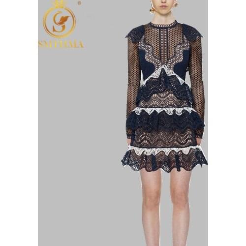 SMTHMA 2021 New Spring Womens Lace Hollow Out Dress High Waist Ruffles Patchwork Embroidery Dresses Vestidos