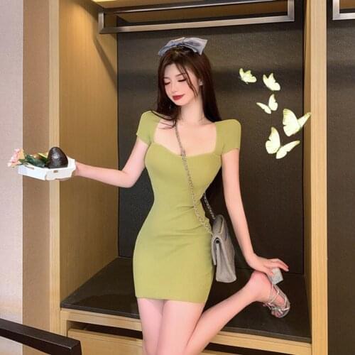 ZC2917 2021 summer new women fashion sexy square neck show bust slim short section knit dress cheap wholesale