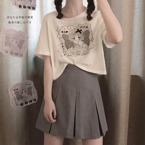 Womens Summer T-Shirt Sweet Girly Comic Print Loose Tees Kawaii Cute Japanese Style Top Female 2021 Short-Sleeve Soft Costume