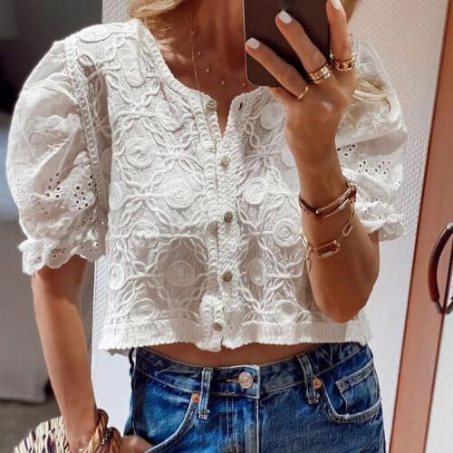Womens floral solid hollow out v-neck causal shirts loose single breasted short sleeves women cardigan 2021 summer female shirt